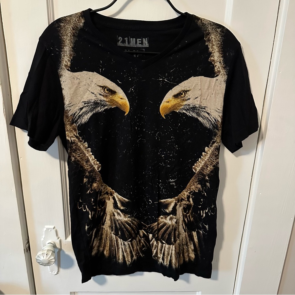 21men Black Mirrored Eagle Graphic V-Neck Tee